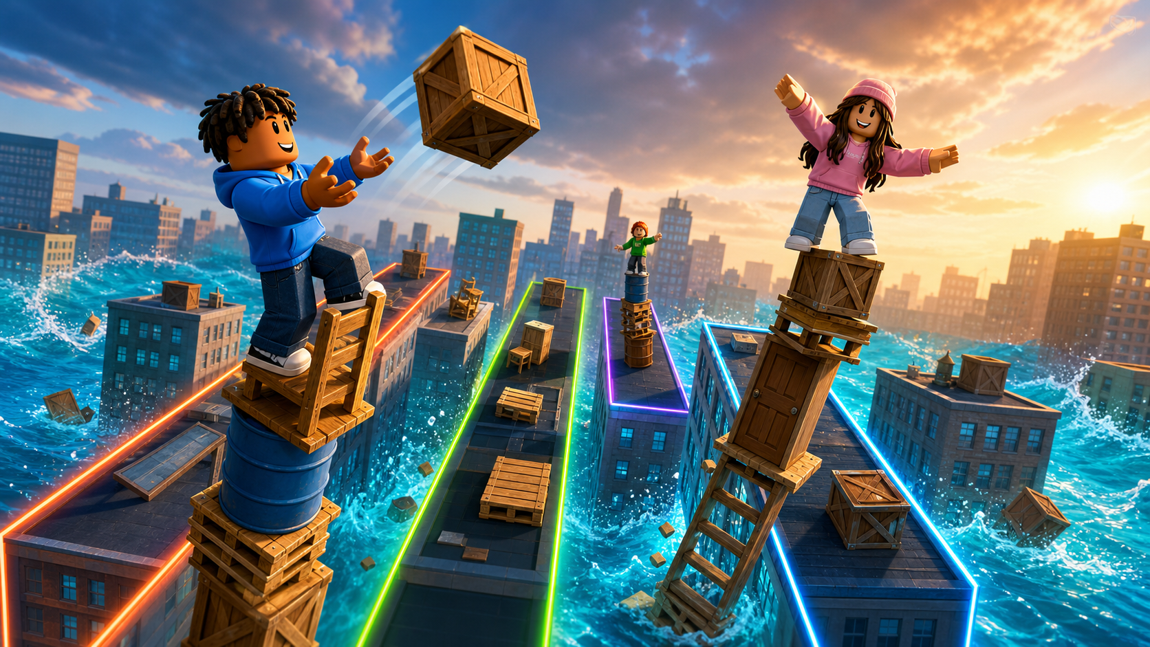 Stack or Sink promotional artwork showing rival towers above a flooded city